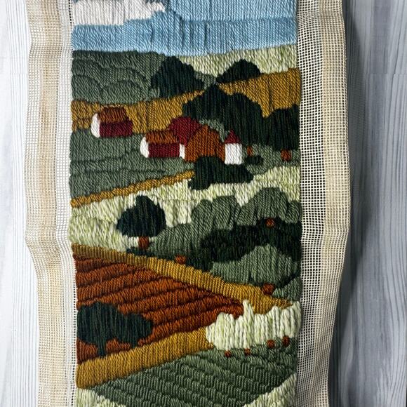 Vintage Landscape Farm Autumn Crewel Unframed MCM 26 x 12 Cottage - Picture 3 of 7